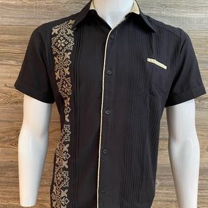 Mens Mexican Guayabera Casual Shirt Black Linen Short Sleeve Beige Embroidery